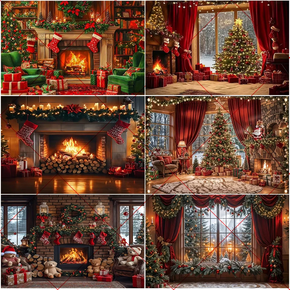 Fond de noël et d'hiver, décoration de fête de cheminée Vintage, fournitures de Studio Photo pour enfants, lanternes d'arbre de noël, paysage enneigé