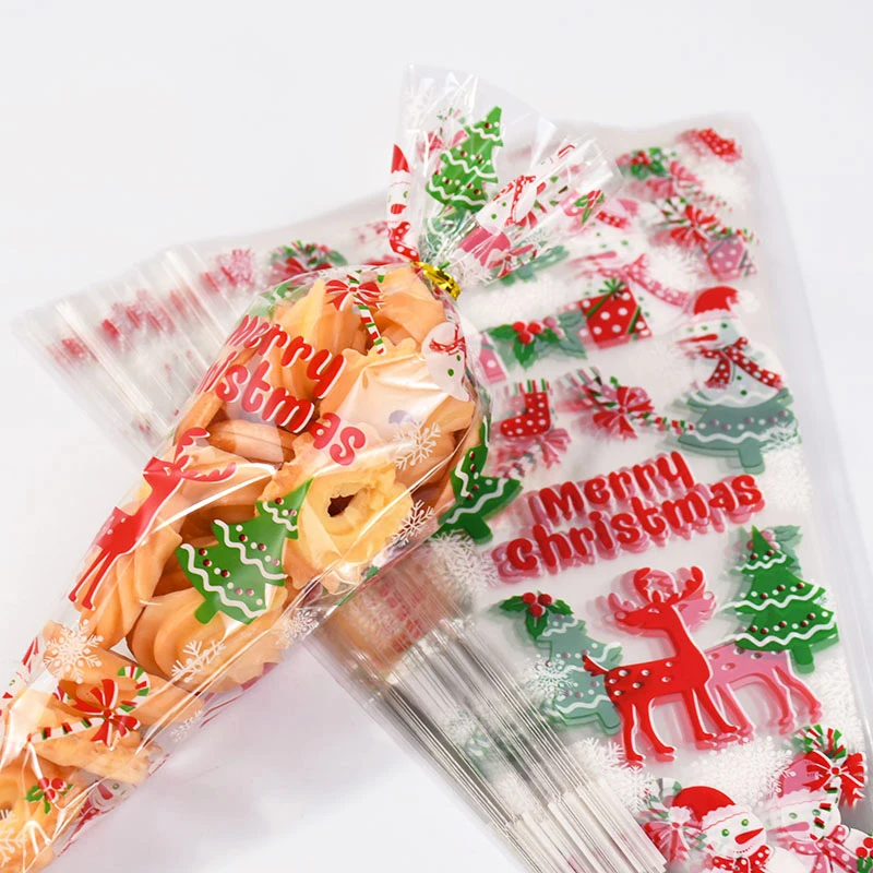 2 Colors Christmas Cone Shape Candy Bags DIY Cookies Dessert Packaging OPP Pounches Bags Christmas New Year Party Decor Supplies