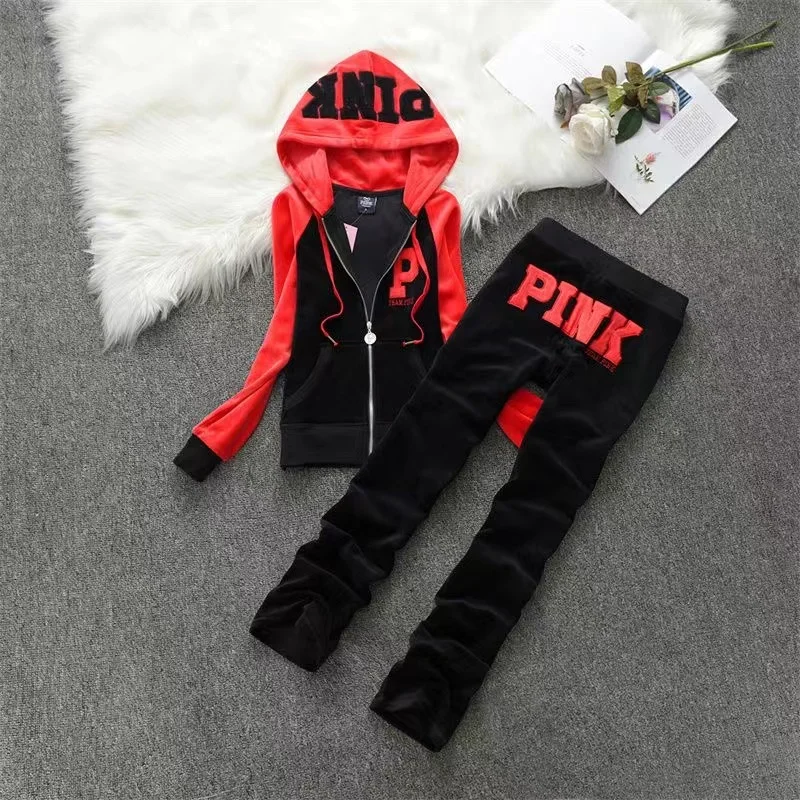 PINK Velvet Tracksuit Set 2024 Spring Autumn Hoodie and Embroidered Letter Pants 2 Piece Sets Women Outfit ﻿