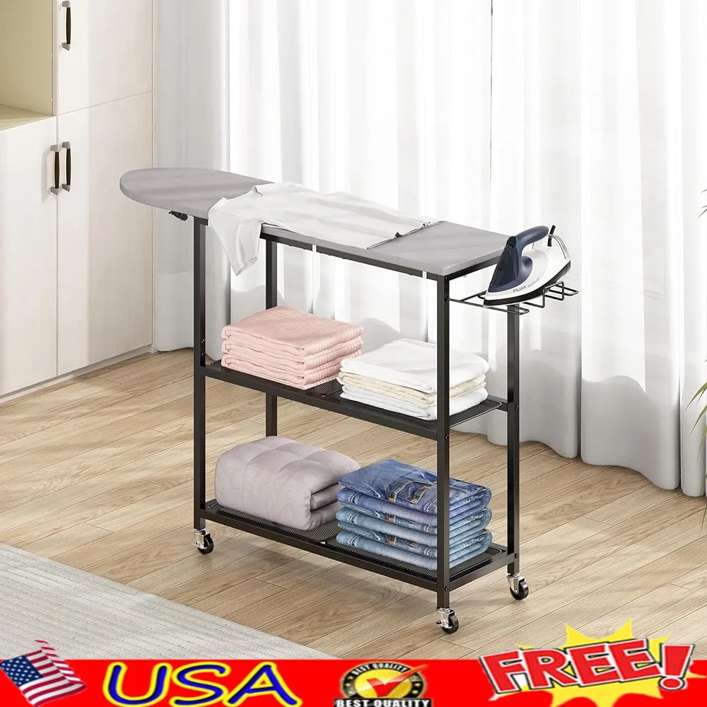 

Гладильная доска с 2-уровневой корзиной для хранения, подвижная подставка, полноразмерная гладильная доска для одежды, столешница, гладильная доска, устойчивая поверхность, высокая