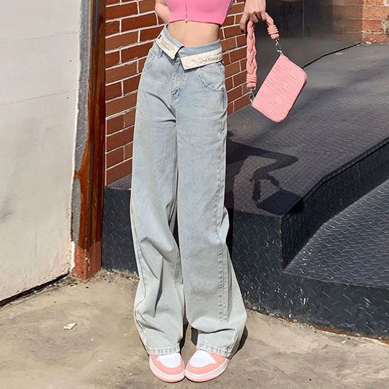 High Waist Jeans for Women Vintage Fashion Harajuku Flap Waist Denim Loose Casual Baggy Pants Wide Leg Trousers Jeans Streetwear