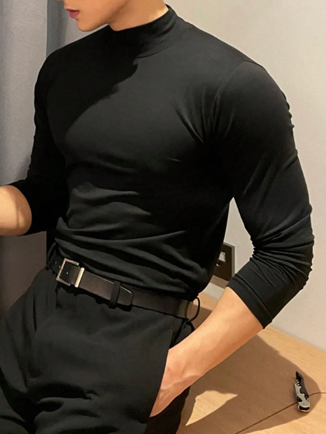 

Men's Solid Mock Neck Long Sleeve Pullover - Slim Fit, Soft Stretch Fabric