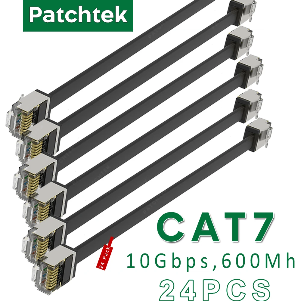 Patchtek Cat7 24 Pack Slim Cat7 kabel krosowy do sieci Ethernet 10G obsługuje kabel Patch Cat 7 do WIFI 6.0 Panel krosowy, aby przełączać się