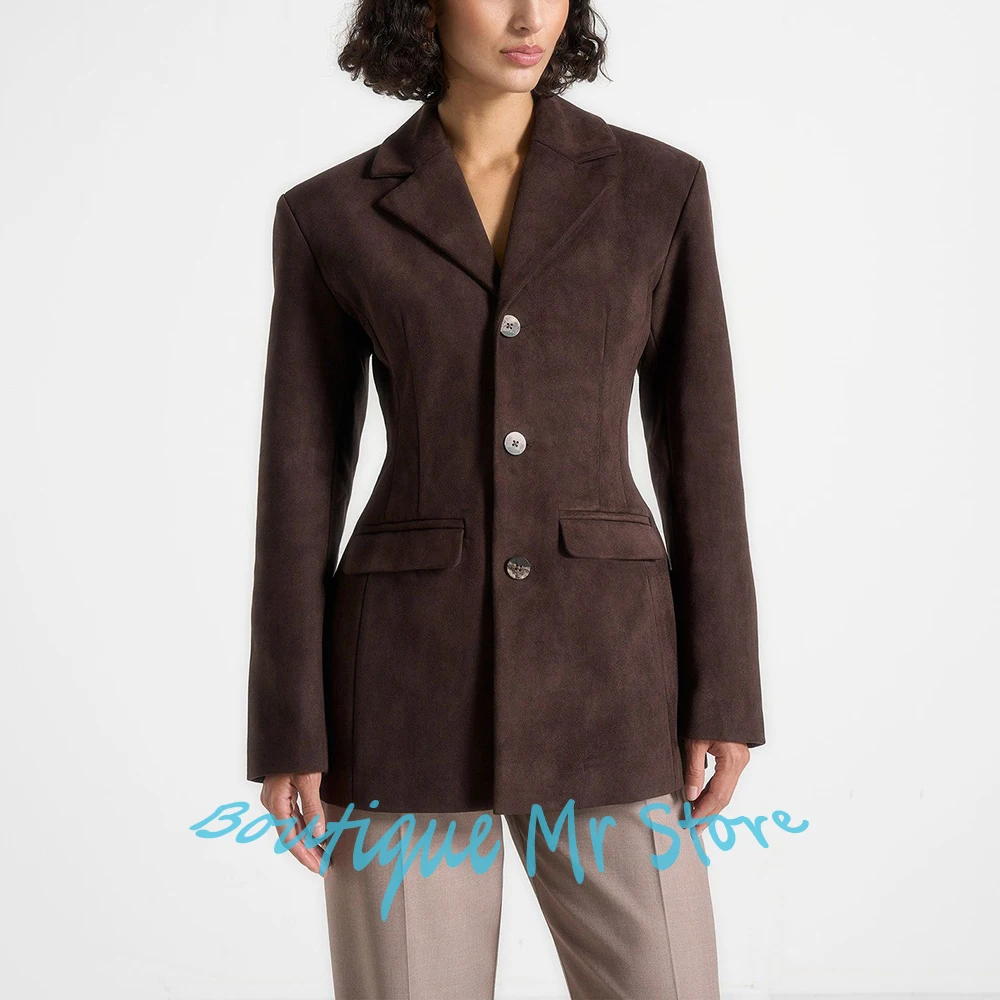 

Brown Suede Women's Jacket Single-Breasted Notch Lapel 2Piece Pants Sets Elegant Office Lady Outfit Slim Fit Daily Streetwear