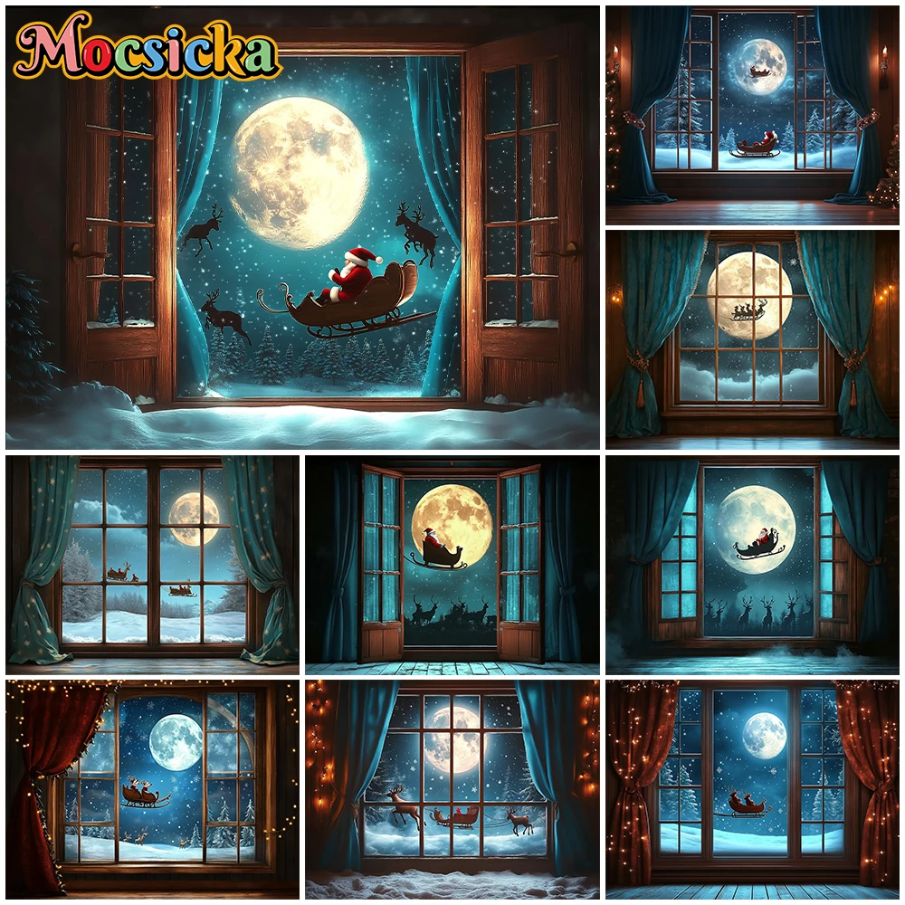 

Mocsicka Christmas Photo Background Winter Snow Night Moon Door Window Decorations New Year Party Photography Backdrop Wallpaper
