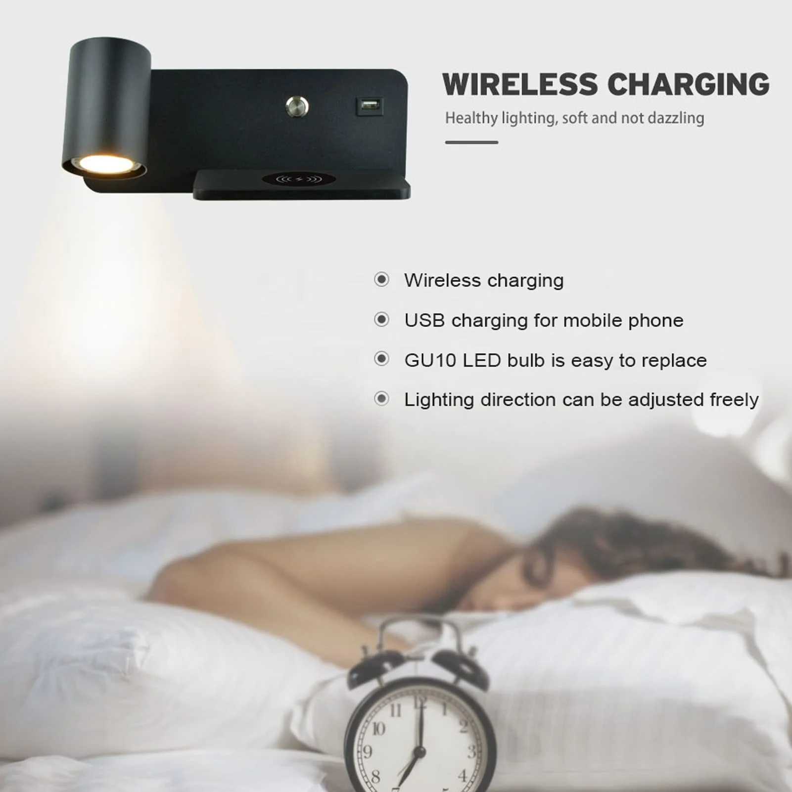 LED Wall Sconces with Wireless Charger USB Rechargeable Reading Light Bedside Wall Light Rotatable Wall Lamp