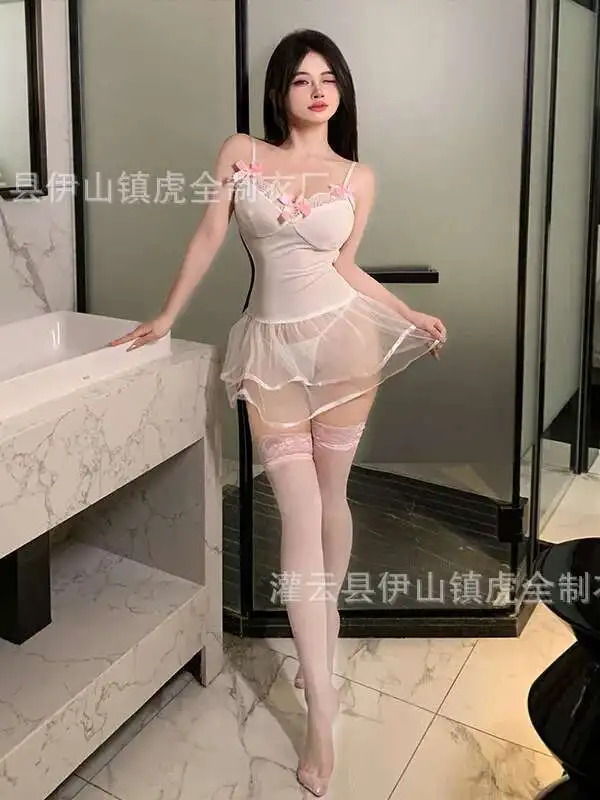 انظر من خلال فستان الدانتيل الأبيض المرأة مثير الملابس الداخلية المثيرة موحدة تأثيري ملابس الوردي القوس الحلو مريحة حمالة لطيف 5SF6 #6