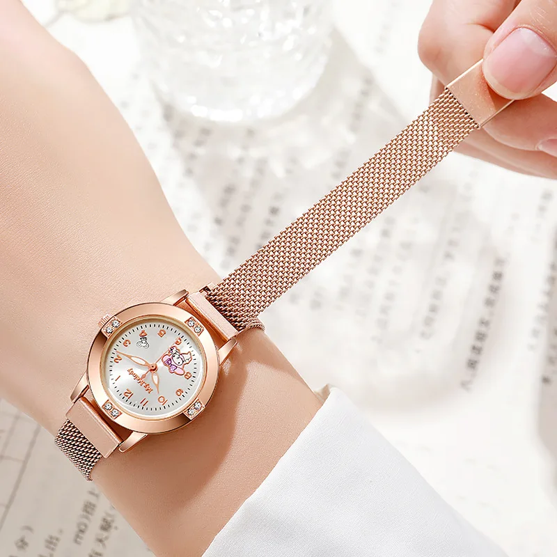 New Hello Kitty Diamond Watches Women Cat Bow Kawaii Pink Ladies Gold Sliver Metal Jewelry Cartoon Magnetic Watch Girls