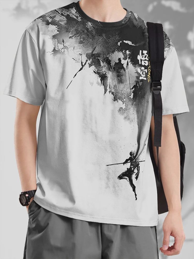 

The King of Versatility Athletic Men's T-Shirt with Chinese Ink Wukong Design | Casual Wear, Comfort Fit Round Neck