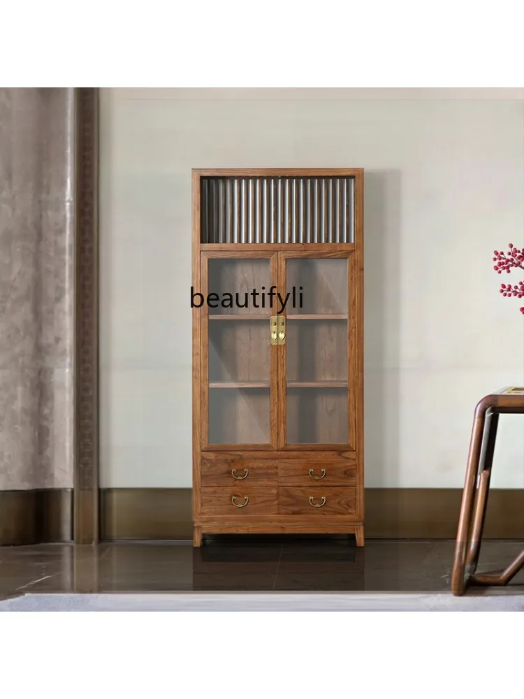 Chinese Style Bookcase Old Elm Wood Glass Cabinet Classical Living Room Decoration Display File Cabinet