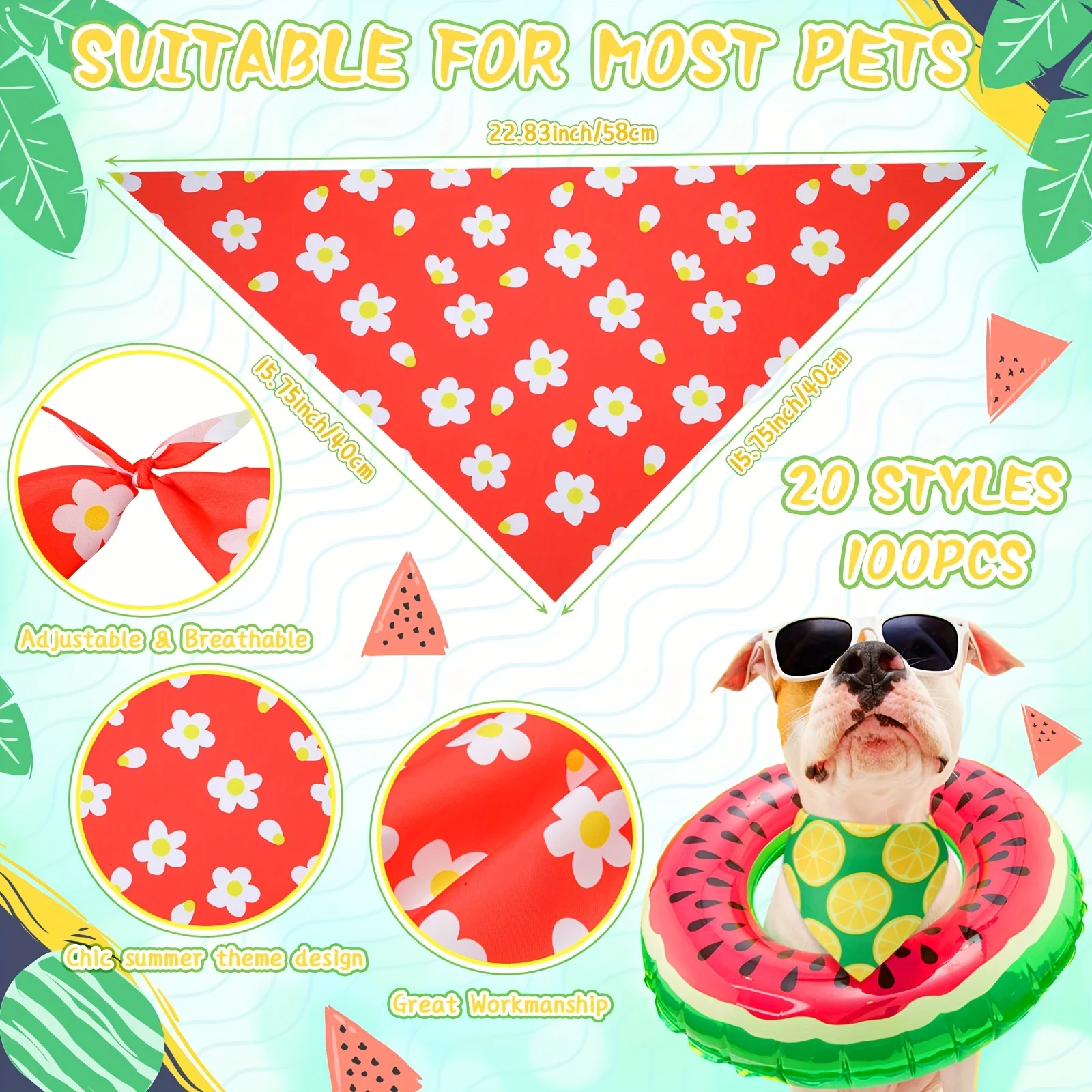 

100pcs Summer Bandanas For Dog Bulk Summer Flower Lemon Dog Bandanas Adjustable Pet Bibs Triangle Scarf Holiday Costume For Small Medium Pet Puppy Cat