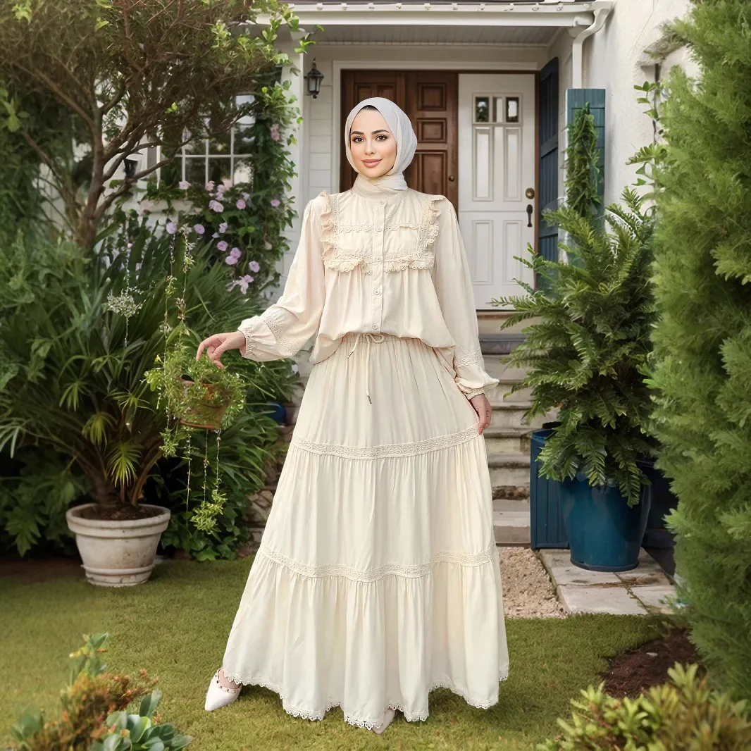 2PCS Muslim Women Lace Hollow Out Tops and Skirt Two Piece Suit Dress Dubai Abaya Arabic Outfits Femme Ensembles Islam Clothing