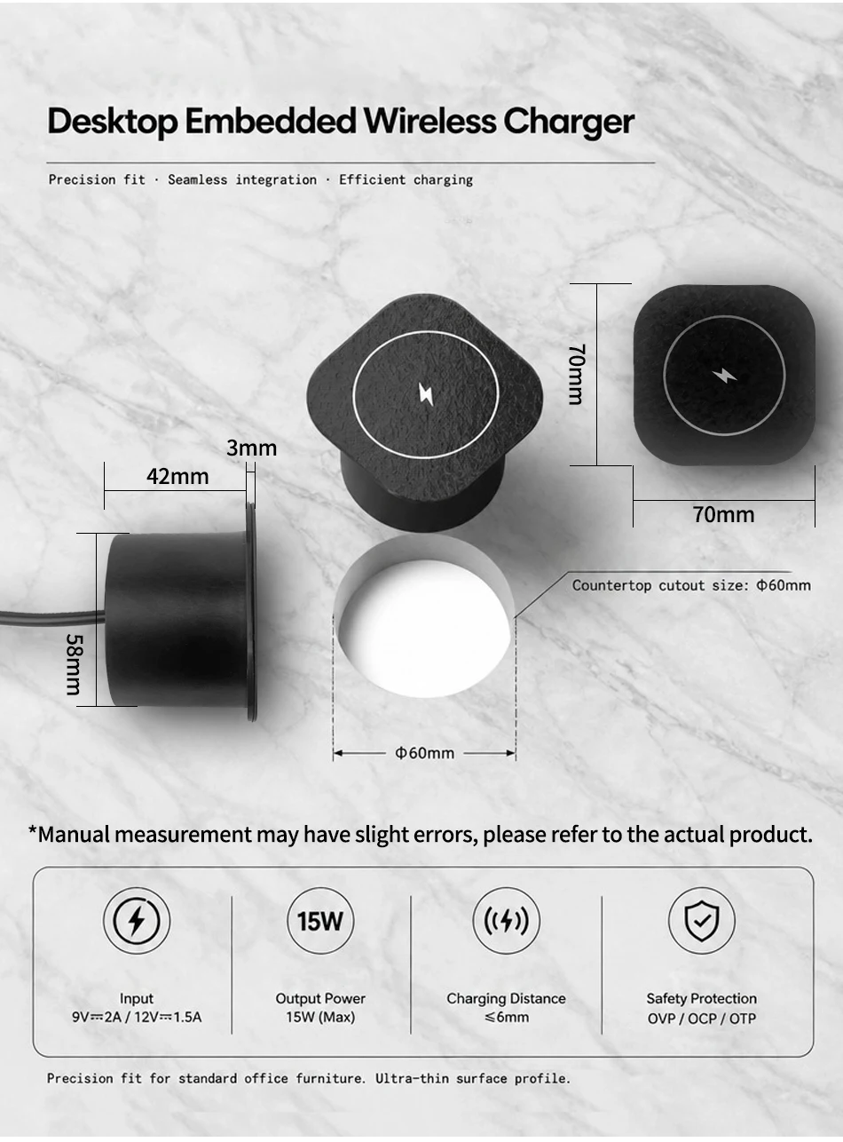 15W Built-in Wireless Charger Flush Mount Desktop Charging Station Black & White , US/EU/UK Plug Fast Charge for Office Home T&I Online Store