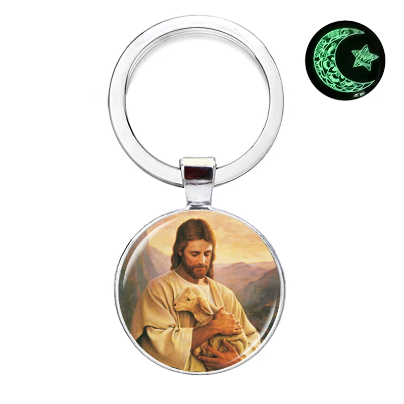 Luminous Jesus Keychain Charm Glass Cabochon Pendant Glow in The Dark Pendant Kids Men Jewelry