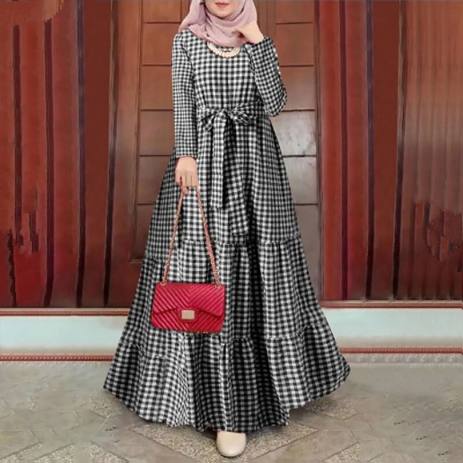 Women's Muslim Dress Round Neck Plaid Pullover Long Sleeve Muslim Loose Dress with Belt Woman Fashion Plaid Printed Dresses