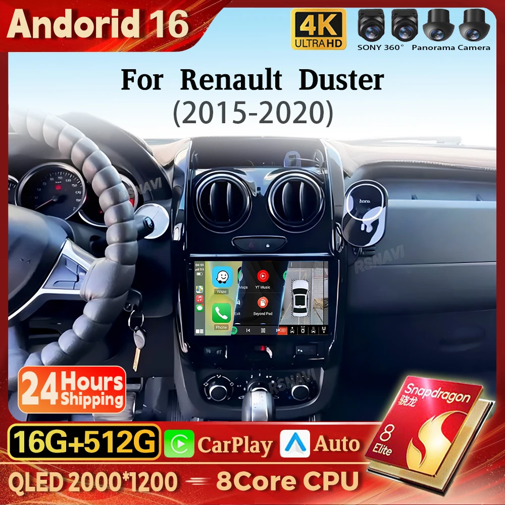 Rádio Multimídia para Carro Android 16 Carplay Auto com Tela 2K para Renault Duster 2015 - 2020, Autorádio GPS Stereo 2din
