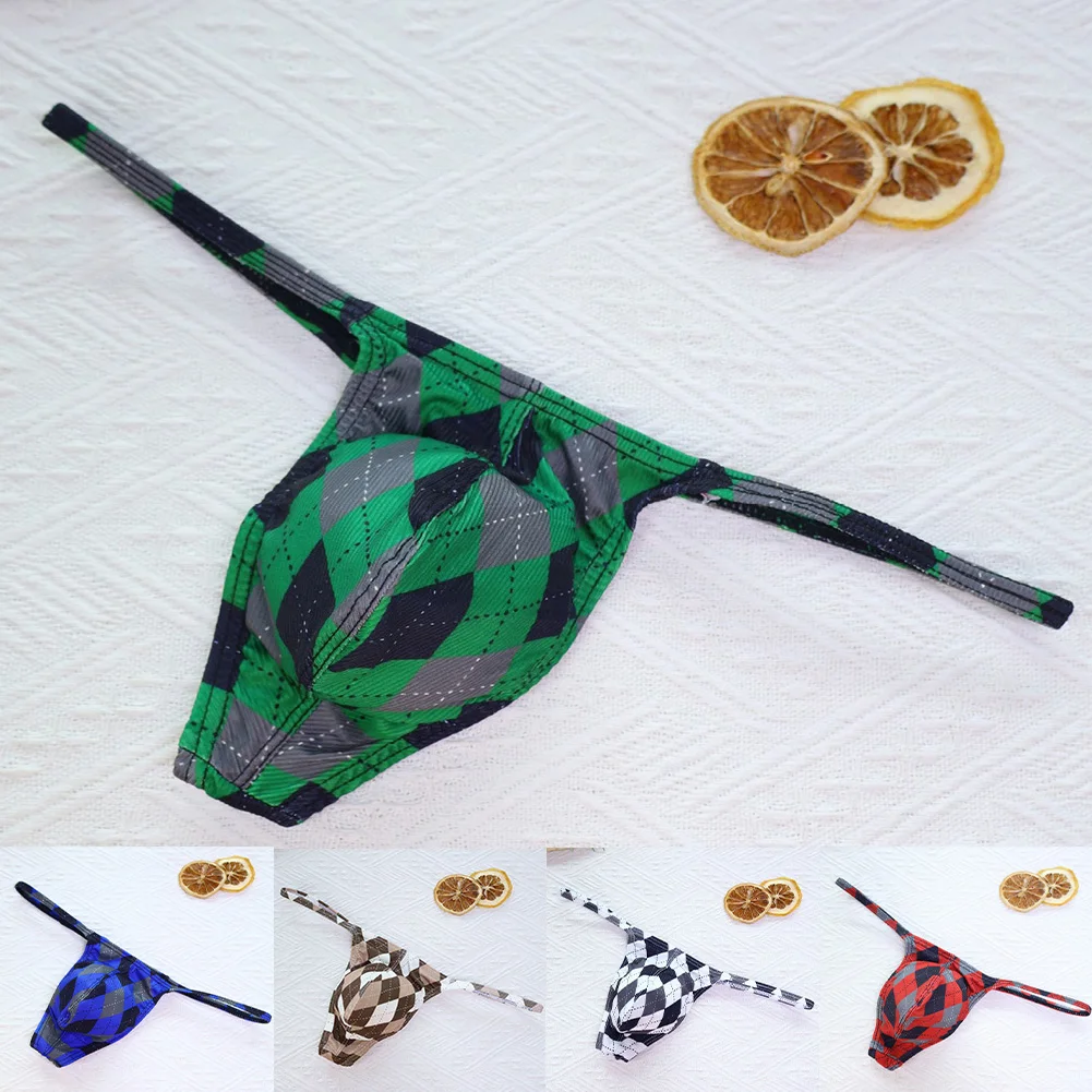 

1pc Men Plaid Sexy Thongs Mini Briefs U Convex Pouch Thongs G-String Low Rise Underpants Ice Silk Thin Bikini Briefs