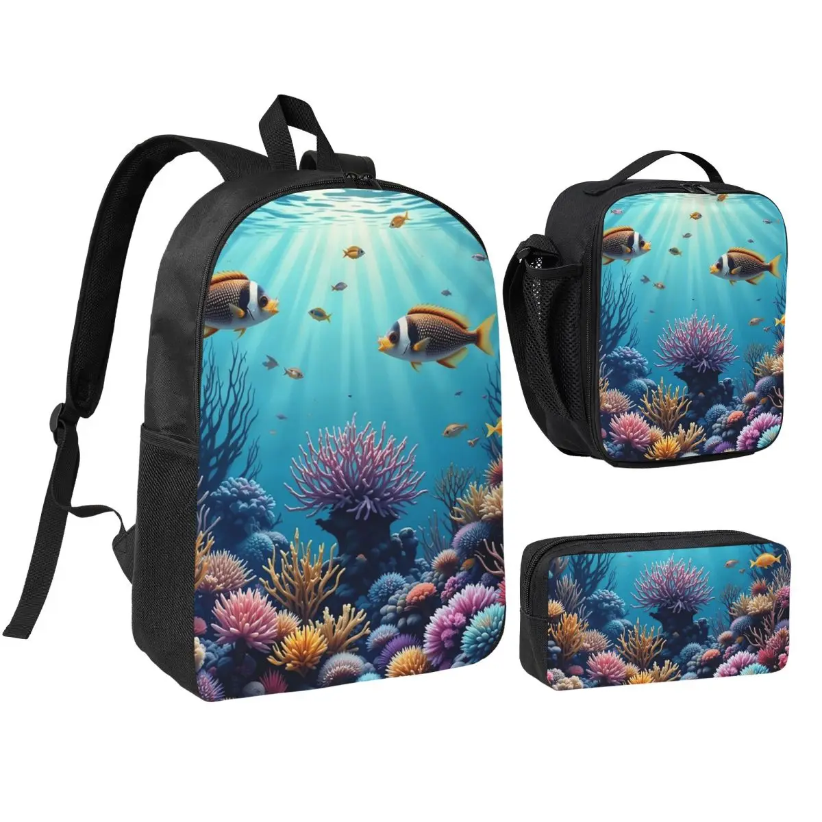 

Underwater Coral Reef Fish Backpack Boys Girls BookBag School Bag Laptop Shoulder Bags 3ps Insulated Lunch Bag Pencil Case
