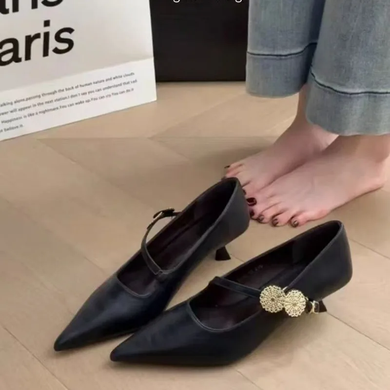 

Women Shoes Pointed Toe Shallow Dress Fashion Sandals Autumn 2025 Designer Brand Work Low Heels Elegant Buckle Zapatos Mujer