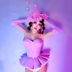 Umbrella Headband Stage Show Stage Rave Outfit Sexy Pink Patent-Leather Tutu Dress Bar Nightclub Dj Ds Pole Dance Wear