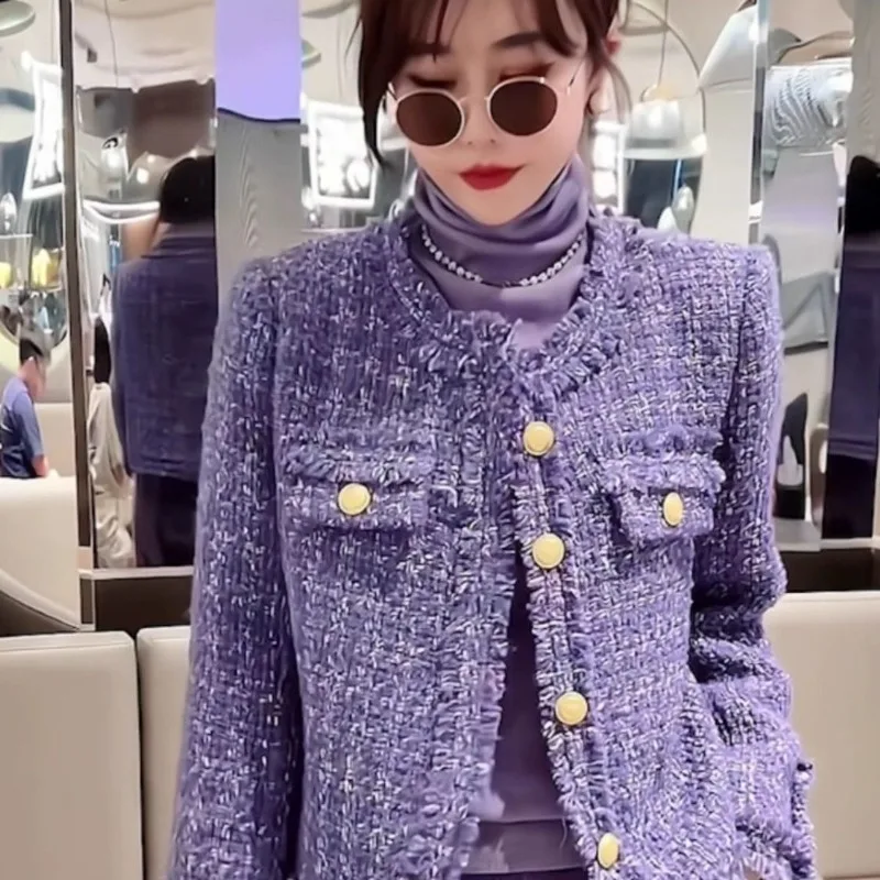 

New Purple Small Fragrant Coat for Women's Autumn and Winter Small Temperament High-end Tweed Short Top Temperament Commuting