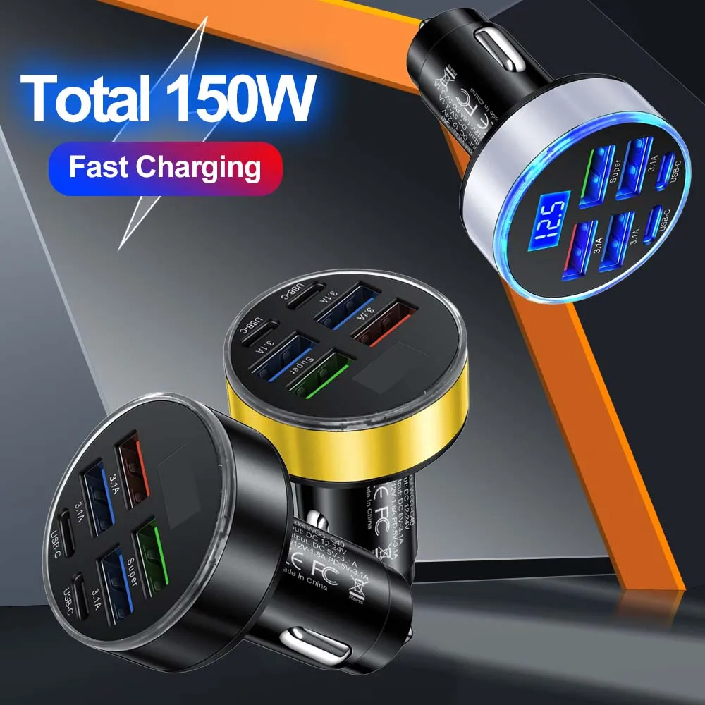 

Total 150W 6 Ports Car Charger Fast Charging USB Type C Car Lighter PD QC3.0 Car Phone Charger For iPhone Samsung Huawei Xiaomi