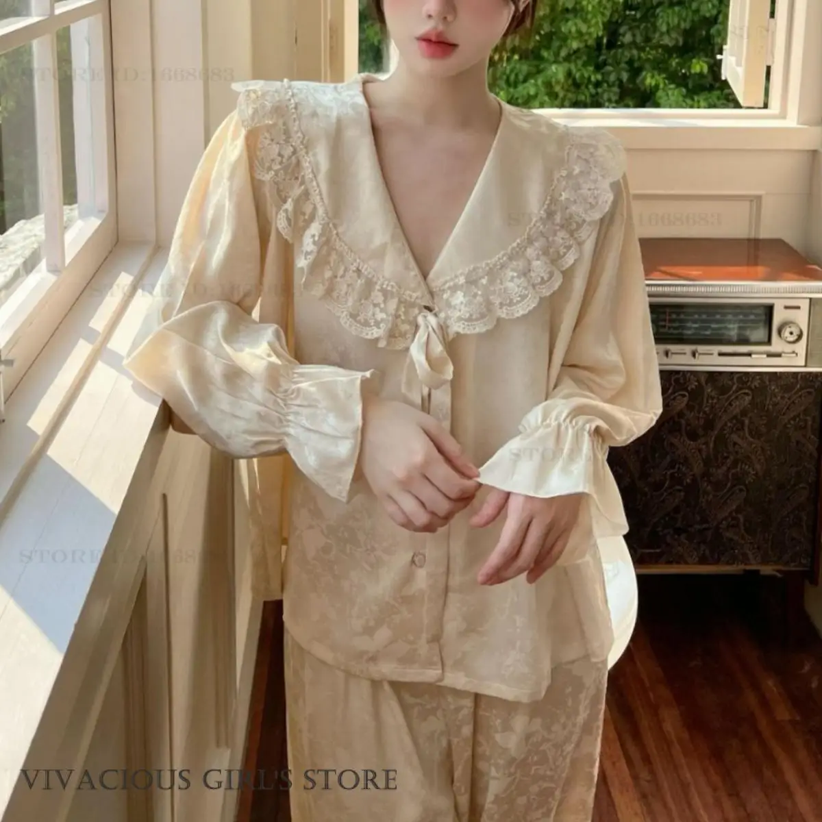 

Elegant French Jacquard Sleepwear 2PCS Pajamas Set Female Long Sleeve Trouser Pijamas Suit Loose Silk Satin Homewear Loungewear