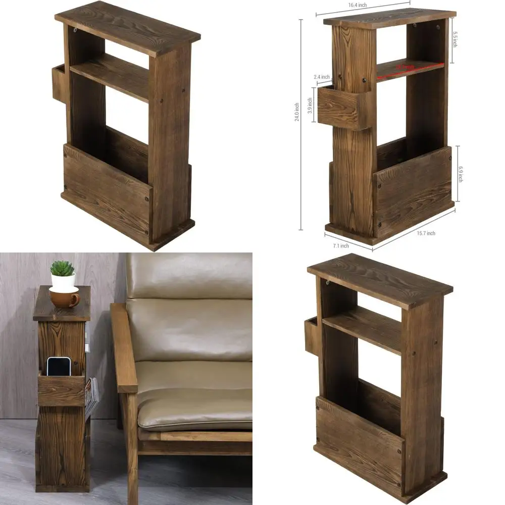 

Rustic 24 Burnt Wood Side Table with Storage, Remote Holder & Magazine Rack for Living Room