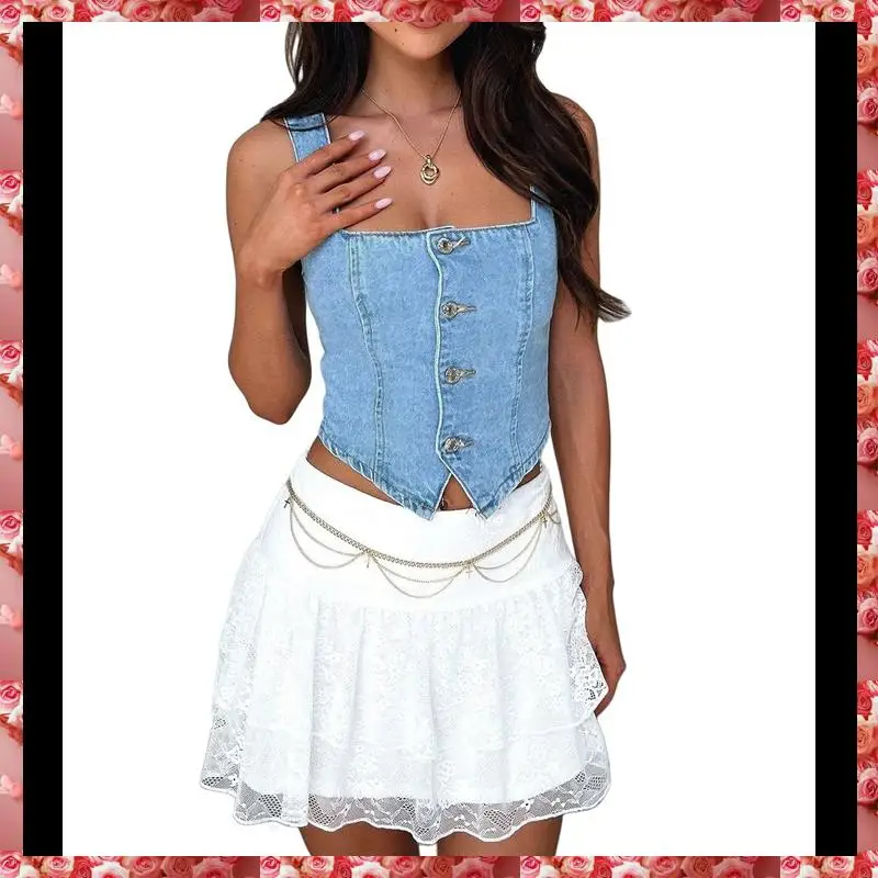 Feminino denim colheita colete y2k botão para baixo sem mangas colheita topo jean tanque superior magro sem costas espartilho topo smocking colete