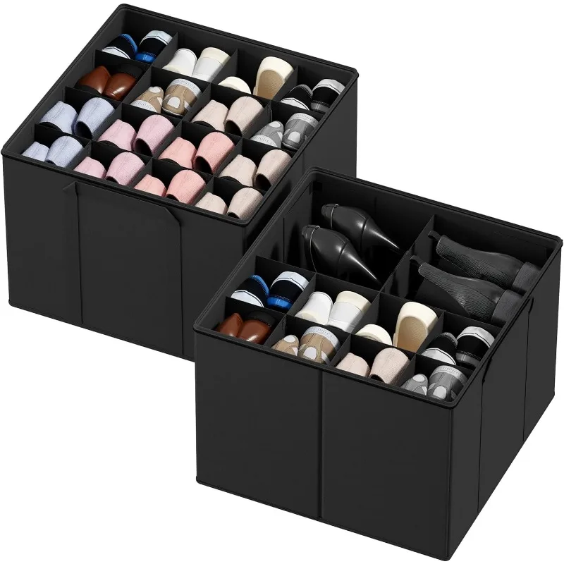 

Shoe Organizer for Closet, 2 Pack Foldable Shoe Storage Containers Baskets Boxes Bins w/Adjustable Dividers, Fits 16-32