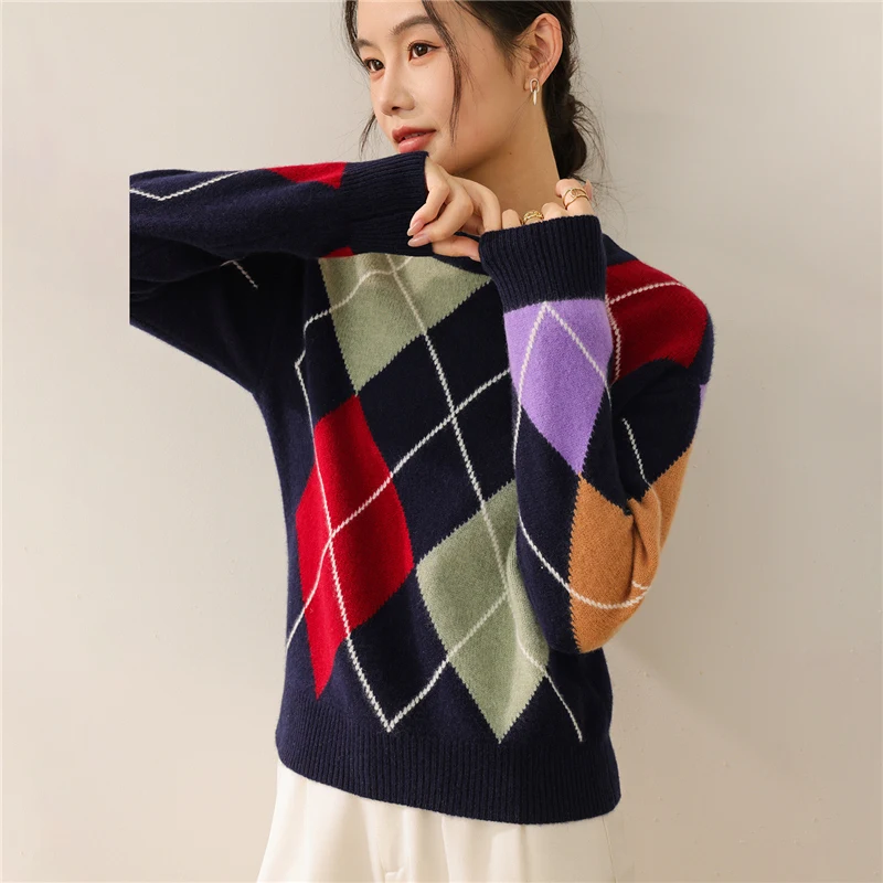 

Daily Autumn Winter Sweater Pullover Women's Clothes 100% Merino Wool Sweater Retro Argyle Knit Color Blocking Basic Pullover