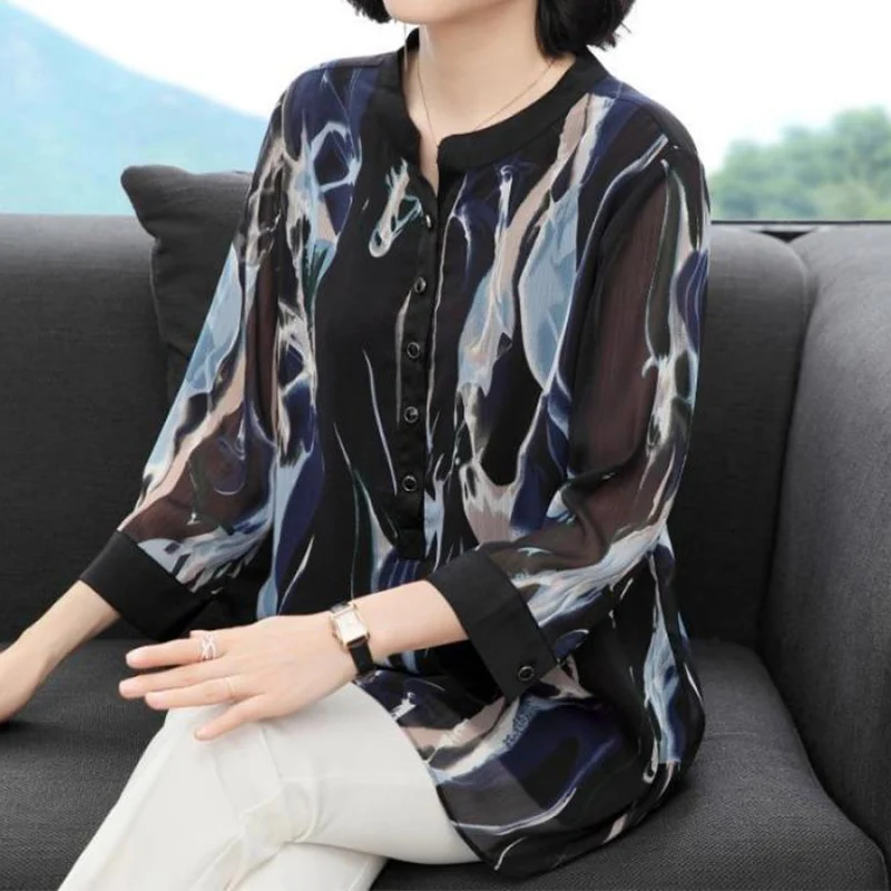 Vintage Printing Gauze Button Chiffon Shirt Summer Autumn 2023 O-Neck Three Quarter Sleeve Loose Pullover Blouse Ladies Clothing