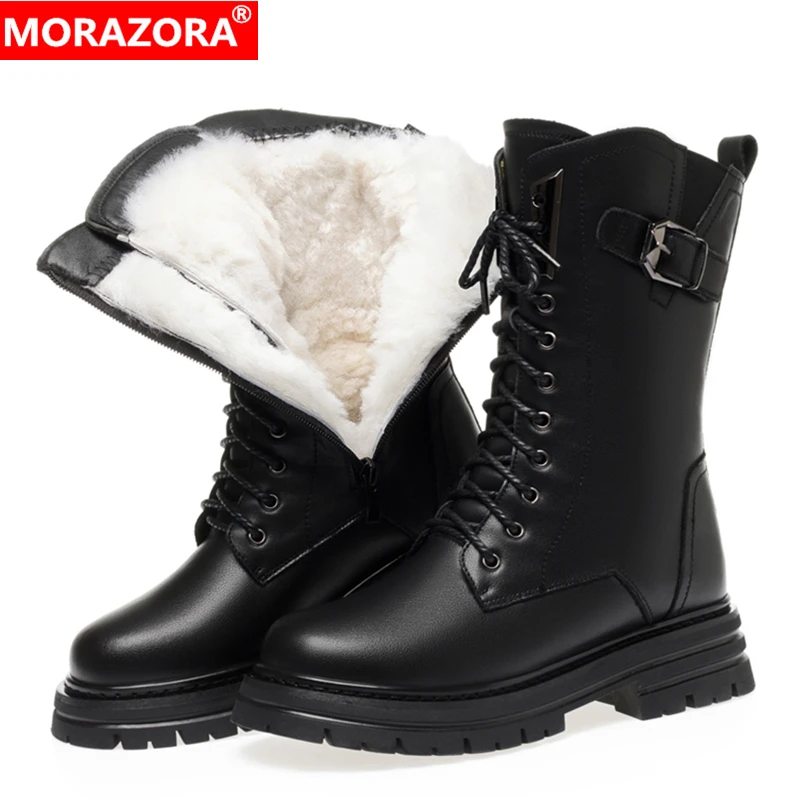 MORAZORA Plus Size 35-41 Genuine Leather Motorcycle Ankle Boots Zipper Buckle Lce Up Black Wool Warm Winter Snow Boots Shoes