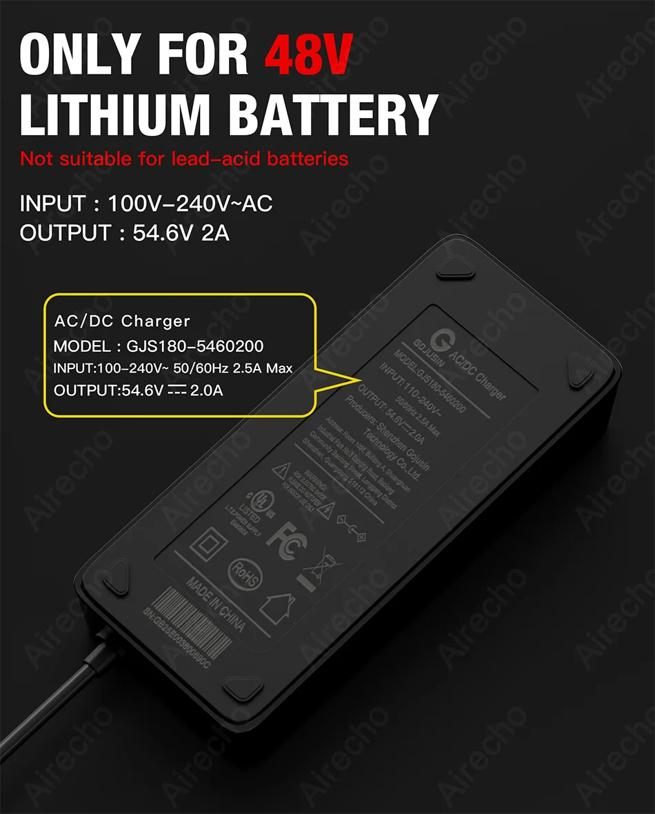 شاحن 54.6 فولت 2 أمبير لبطارية ليثيوم 48 فولت شاحن الدراجة الإلكترونية مع موصل تيار مستمر 5.5 × 2.1 ملم-محول طاقة لـ Lectric XP 1.0/2.0/3.0