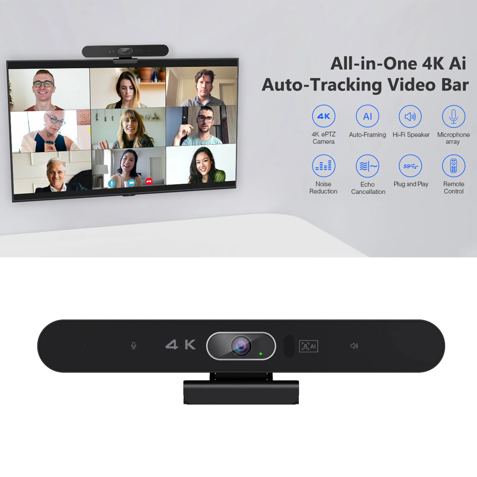 4K Camera USB Webcam HD Video Conference Camera with Microphone and Speaker AI Face Tracking Auto Focus Remote Control for PC