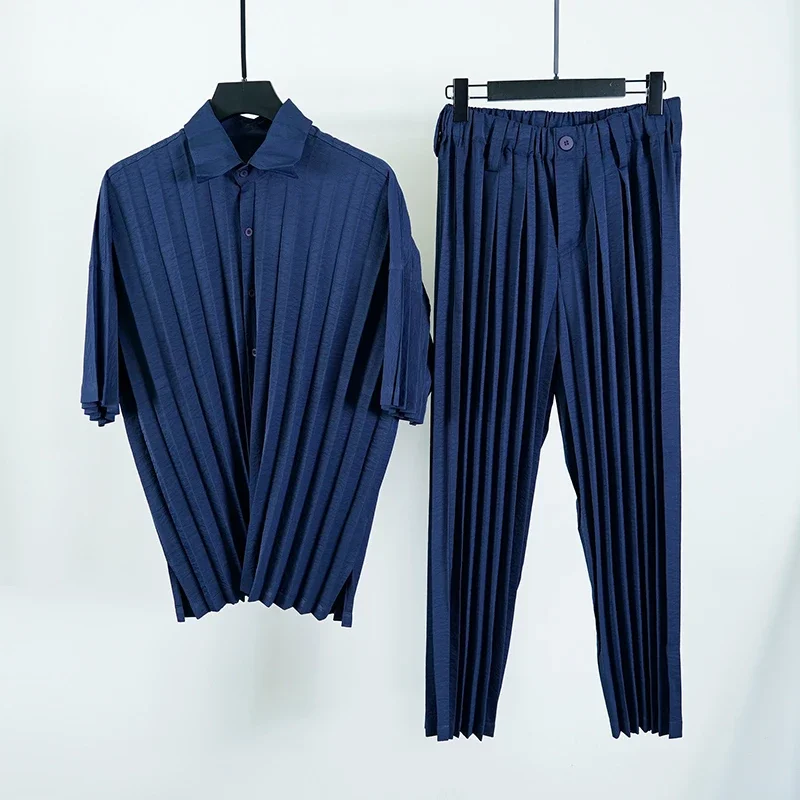 

Miyake Pleated Men's Casual Short-sleeved Shirt Straight Pants Suit Fashion Men's Minimalist Comfortable Business Office Europe