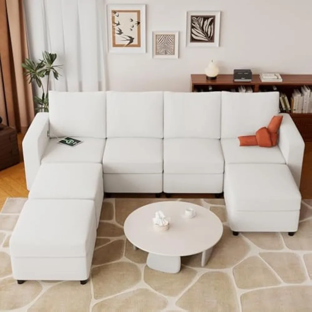 

108" White Linen Modular Sectional Sofa with Storage and USB Chargers, U-Shaped Sectional Sofa with 4 Seats 3 Ottomans