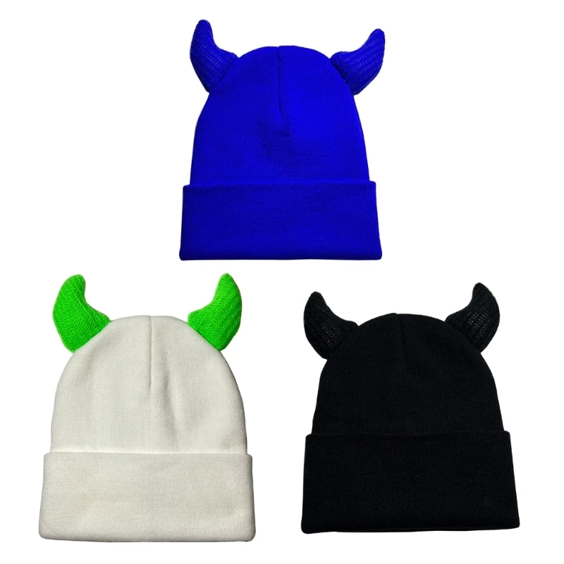 

Y2K Devil Horn Hat Funny Colorful Knitted Beanie Wacky Bucket Hat