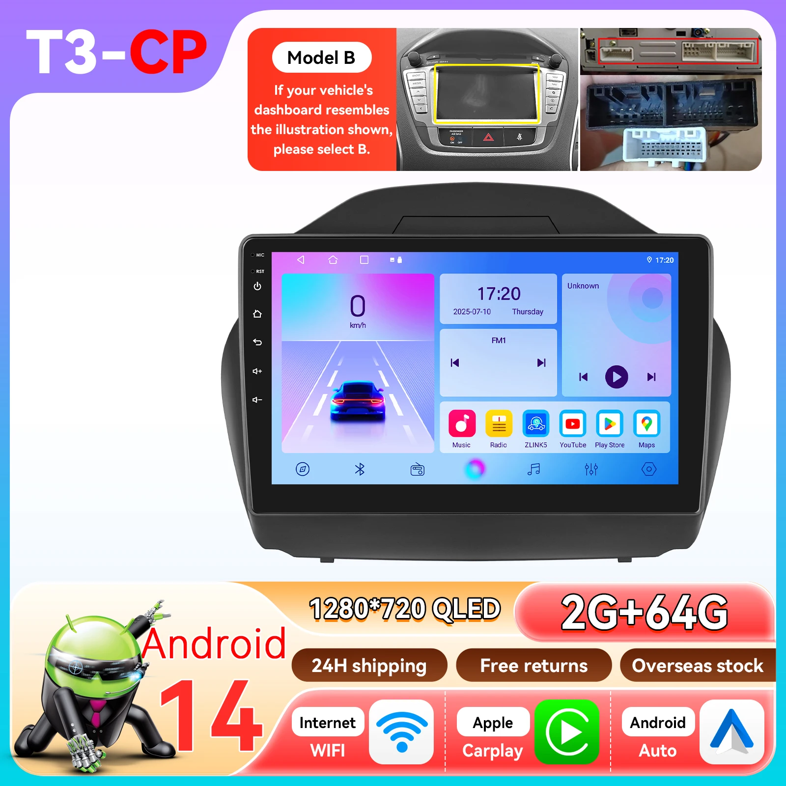 Hizpo 8-Core 2-DIN Android 14 autoradio voor Hyundai Tucson 2 IX35 2011 - 2017 met CarPlay, GPS, AI, 4G, BT5.4 door Qualcomm Snapdragon 6115