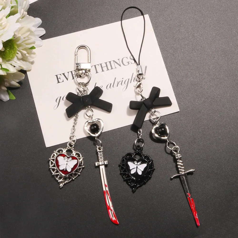 Gothic Style Black Butterfly Heart Keychain Pendant Y2K Phone Strap Mobile Phone Chain Lanyard Portable Phone Accessory for Keys