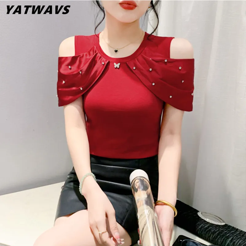 

Summer New Fashion Women's T-shirts Clothes Sexy Off Shoulder Short Sleeved Slim Tops Shirt Elegant Girl Ruffled Diamonds Tees