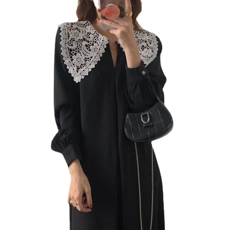 الرجعية هوك زهرة كبيرة التلبيب فستان الفرنسية شيك المرقعة أنيقة فستان بأكمام طويلة المرأة الخريف سليم طويل ألف خط قميص فستان