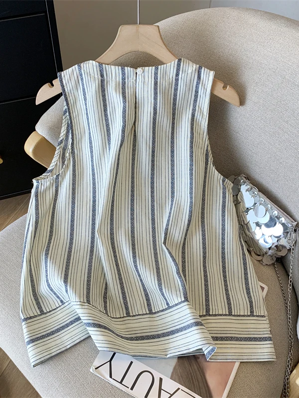 Gilet rétro rayé en coton et lin pour femmes, poupée Svel ample, haut irt, grande taille, tendance, été