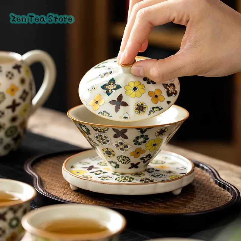 Cream-yellow Ru Kiln Datang Baoxiang Sancai Cover Bowl High-end Chinese Ceramic Tea Bowl With Cover Household Kung Fu Tea Set