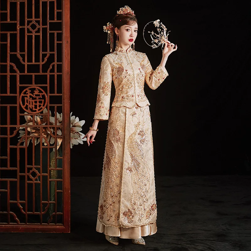 Chinesische Frauen traditionelle Xiuhe Anzug Brautkleider Braut Drachen Phoenix Kleid Top Rock Hochzeit Toast Sets