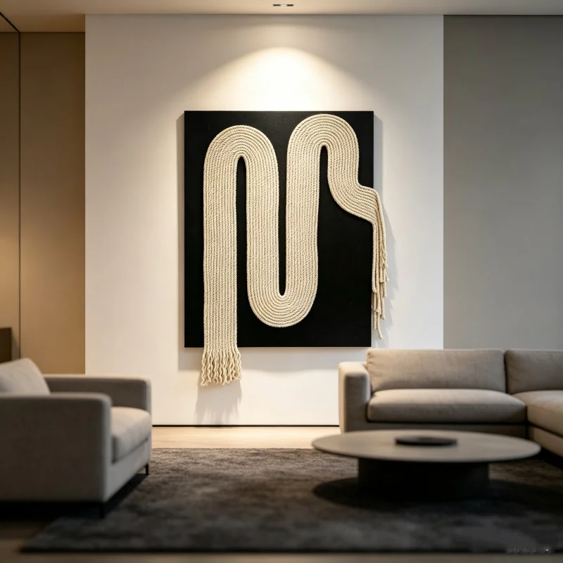 Large 3D Textured Fiber Wall Art Abstract Curve Macrame Wall Hanging Tassel Wall Panel Backboard Luxury Interior Decor