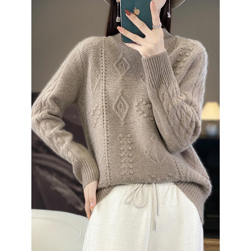 Women\'s Knitted Half High Collar Pullover, Knitted Sweater, Fashionable Hollow Out, 100% Australian Wool Top, New, Autumn and Wi