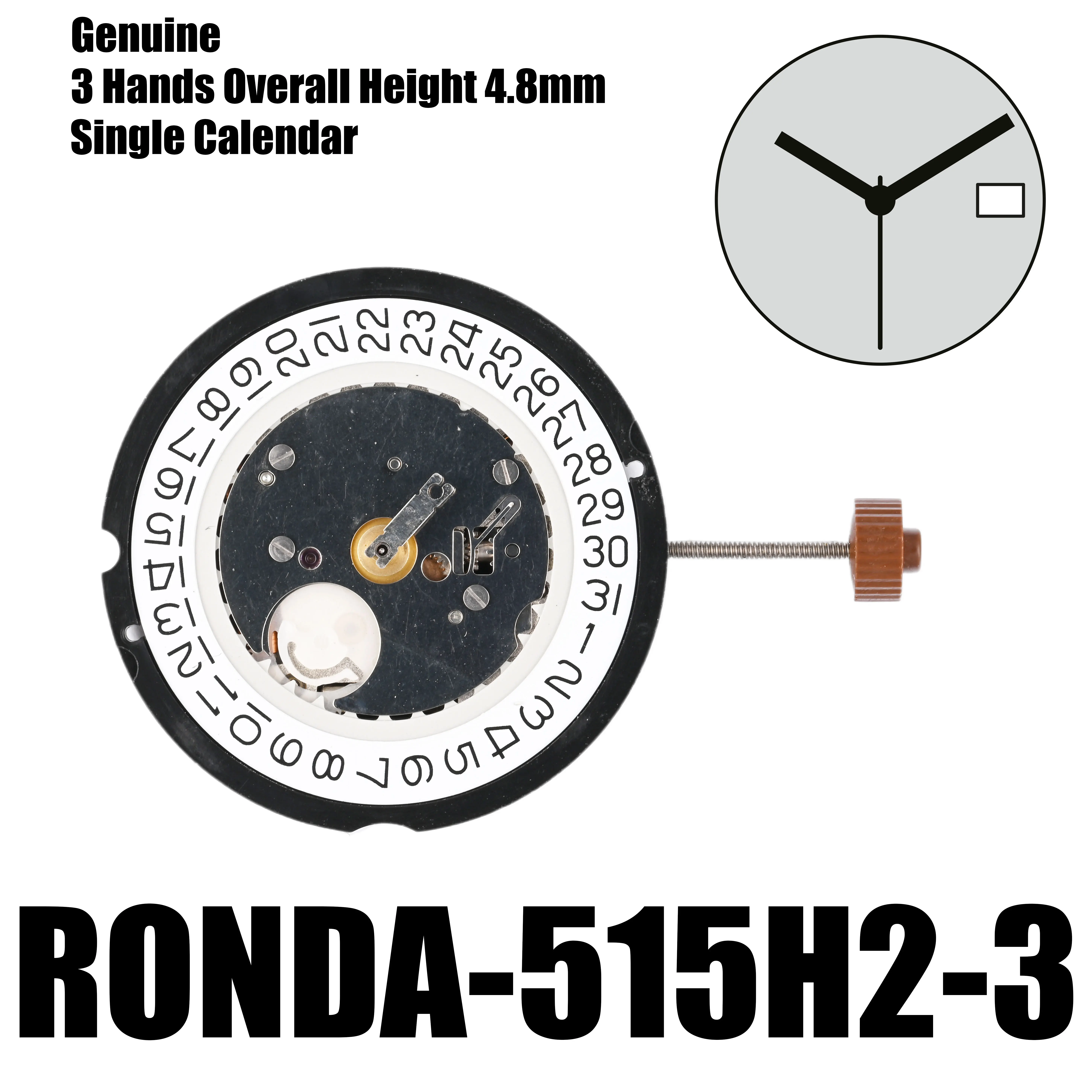 

Подлинный механизм 515 Ronda 515H2 общая высота движения 4,8 мм Powertech Размер 3 мм 11 1/2 дюйма 25,60 мм 3 стрелки Дата отображается на 3