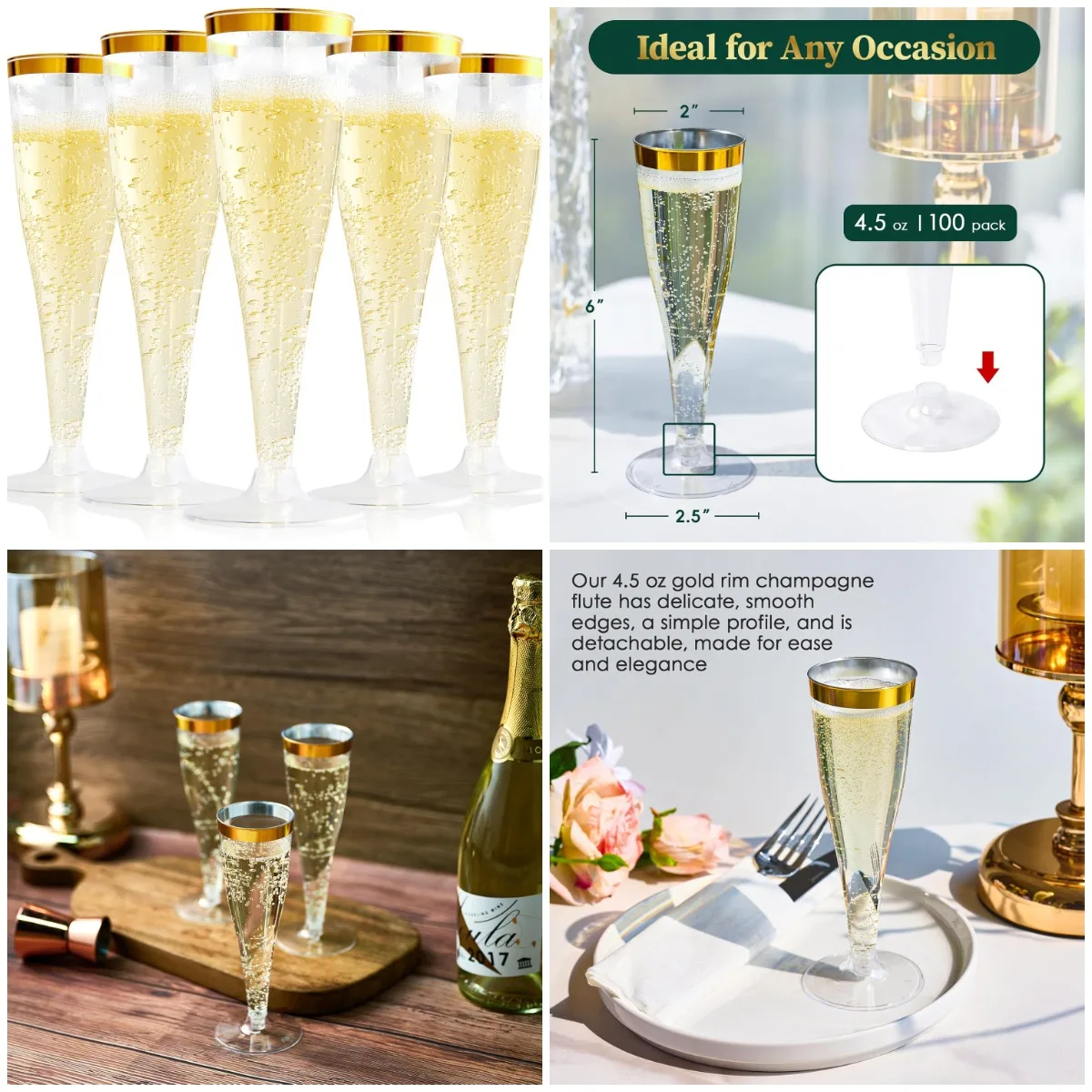 

100 Pack Gold Rim Plastic Champagne Flutes, 4.5 Oz Disposable Toasting Glasses for Wedding Party