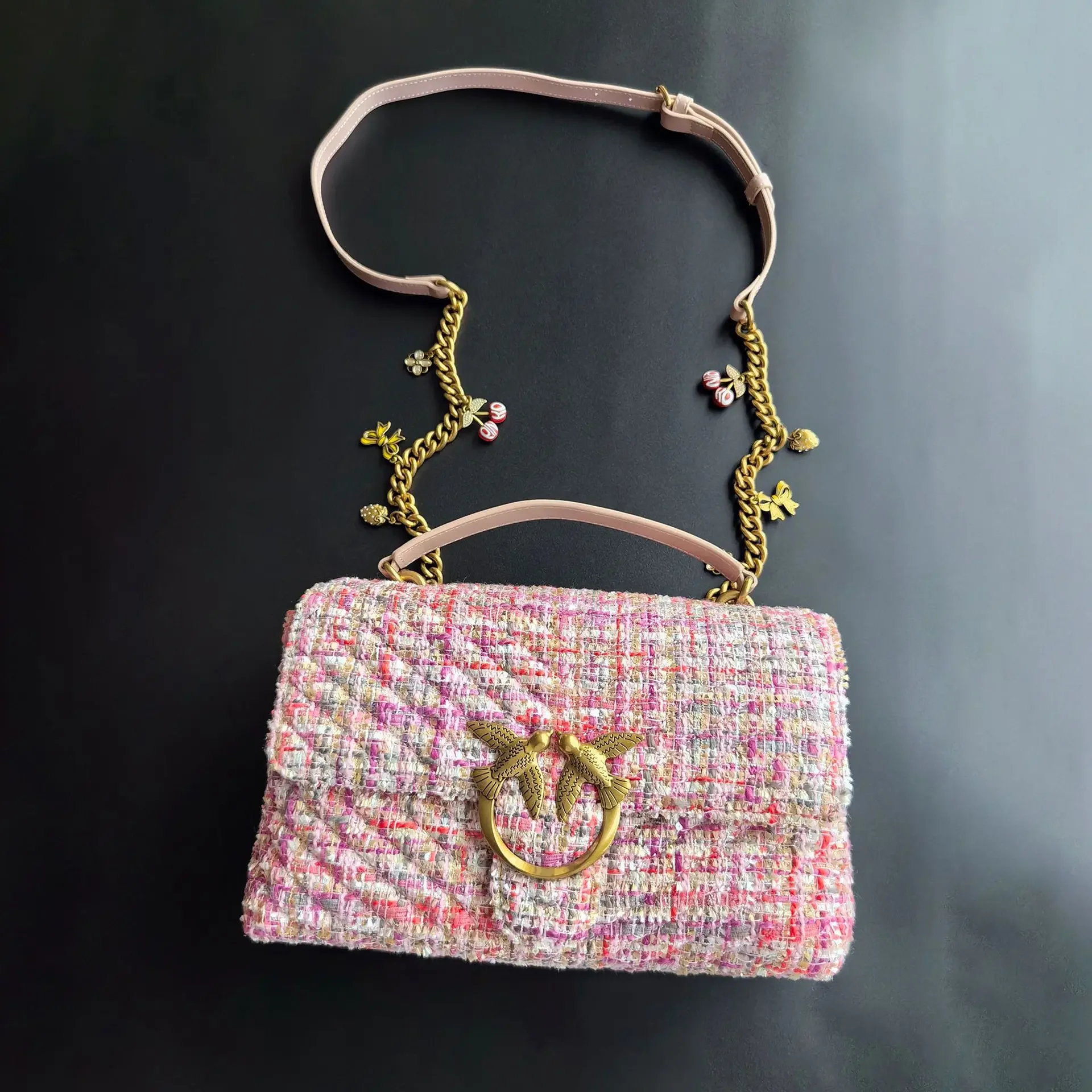 2026 New Pinko-Inspired Tweed Pillow Bag Genuine Leather Swallow Bird Shoulder Crossbody Bag Women